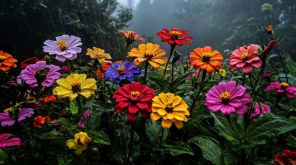 Vibrant zinnias in rain-laden garden blooms with colorful splendor