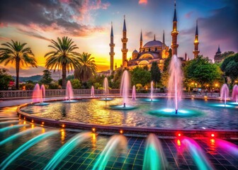 Naklejka premium Ayasofya's majestic reflection, detailed in water droplets, a macro view of Sultan Ahmet Park's fountain.
