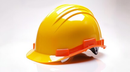 Fototapeta premium Closeup of a yellow and orange hard hat or safety helmet isolated on white background with reflection