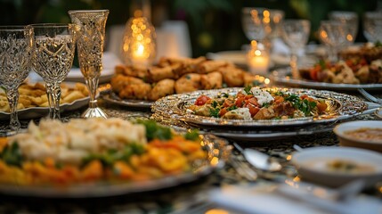 Elegant outdoor dinner party with gourmet food.