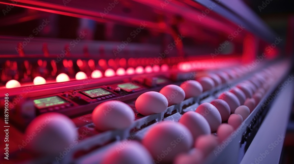 Poster close-up of incubator with eggs and monitoring equipment in a controlled environment.