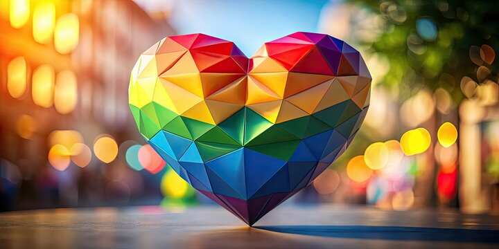 Celebrate Pride! A vibrant polygonal rainbow heart bursts against a blurred backdrop, symbolizing LGBTQ+ inclusivity.