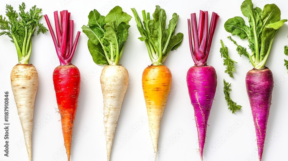 Wall mural Colorful variety of fresh organic carrots with vibrant greens on a white background