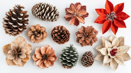 Set of beautiful pinecone flower shap in christmas winter Pine cones pattern isolated on white background Open fir cone for Xmas decoration