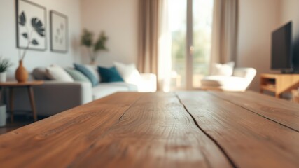 Fototapeta premium A rustic wooden table in the living room with a couch, armchair, and TV in the background