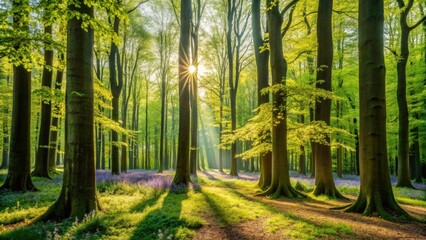 Obraz premium Dappled sunlight paints a spring beech forest, showcasing fresh green leaves and a vibrant woodland floor.