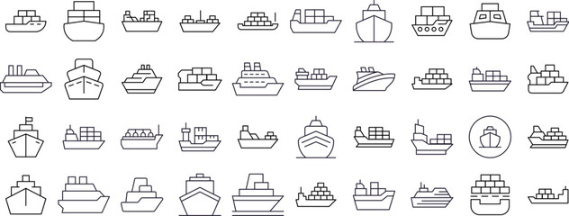 Ship Line Icon Pack. Outline Signs for Graphic and Web Design, Apps, Adverts, Various Cards