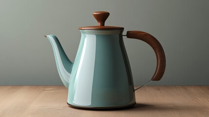 Blue kettle on wooden table