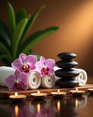 Luxurious spa arrangement with stacked black stones, pink orchids, rolled white towels, and glowing candles in a tranquil setting. Perfect for wellness, beauty, and relaxation concepts.