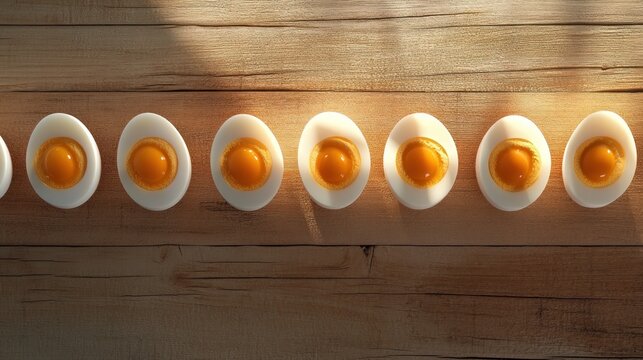 Row of halved hard-boiled eggs on wooden surface in sunlight.