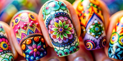 Experience captivating tilt-shift nail art; colorful miniature landscapes on your fingertips.