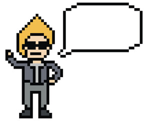 Fototapeta premium Cartoon pixel cute character man face with chat box blank decoration 8 bit male boy say speak discuss idea chat box cartoon pixel 8bit game png vector.