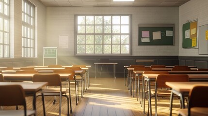 Sunlit empty classroom with desks and chairs.