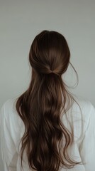 Fototapeta premium Beautiful model girl with Brown hair strand,silky healthy chestnut wavy hair strand,hair wavy ribbon, with smooth,Keratin straightening,Treatment,straight long hair,procedures,Smooth hairstyle.