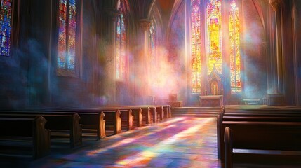 Sunlit church interior with stained glass and pews.
