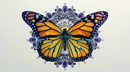 Obraz premium Vibrant monarch butterfly with intricate mandala patterns in the background, set against a bright backdrop