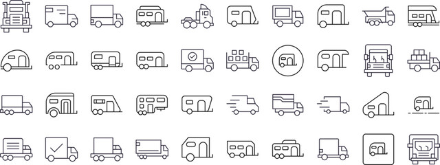 Set of Truck and Motor Home Related Line Icons. Outline Signs for Graphic and Web Design, Apps, Adverts, Various Cards