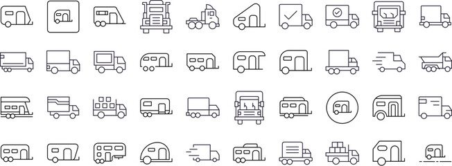 Pack of Truck and Motor Home Related Line Icons. Outline Signs for Graphic and Web Design, Apps, Adverts, Various Cards