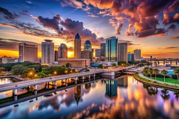 Golden hour paints Tampa's skyline; an aerial masterpiece of Florida's vibrant city.