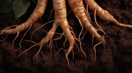 Intricate network of tree roots in rich soil with green leaves