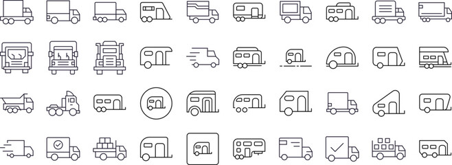 Truck and Motor Home Line Icon Collection. Outline Signs for Graphic and Web Design, Apps, Adverts, Various Cards