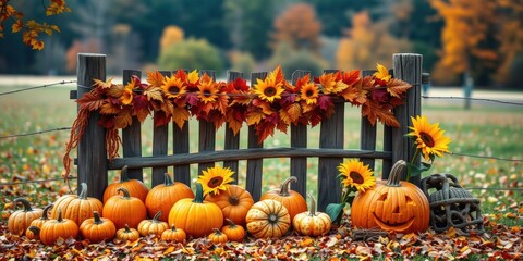 Autumnal fence adorned with vibrant sunflowers and plump pumpkins, creating a picturesque scene of rustic charm and seasonal splendor.