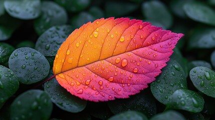 Colorful autumn leaf with raindrops on green foliage background.