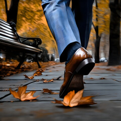 Person Walking in Autumn Park with Fallen Leaves and Plaid Trousers