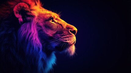 Colorful lion profile on dark background, majestic portrait.