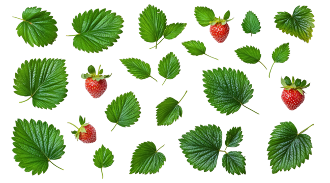 Collection of strawberry leaves on a white background. isolated background.