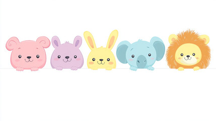 Naklejka premium adorable cartoon animal faces peeking over white background in kawaii style vector illustration of pastel baby animals