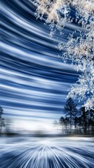 Abstract Winter Landscape  Blue Gradient Sky  Frozen Trees  Motion Blur