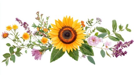 Bouquet of wildflowers and herbs with sunflower Element for creating collage or design postcards invitations