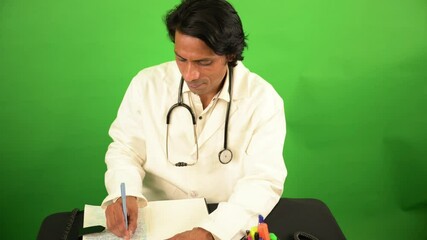 Doctor sitting at his desk scribbling the report