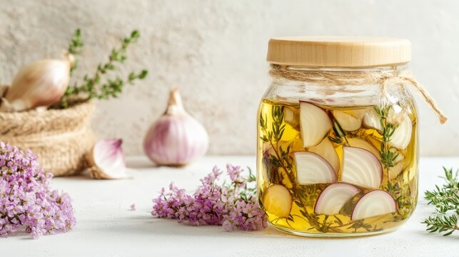 Homemade infused olive oil with garlic and herbs in glass jar surrounded by fresh ingredients