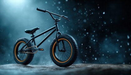 A sleek BMX bike with thick tires stands against a moody backdrop, illuminated by soft, eerie light, creating a captivating, atmospheric scene.