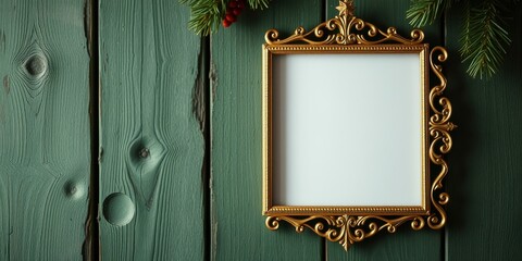 An ornate gold picture frame with intricate scrollwork hangs against a weathered green wooden backdrop, creating a classic and elegant visual composition.