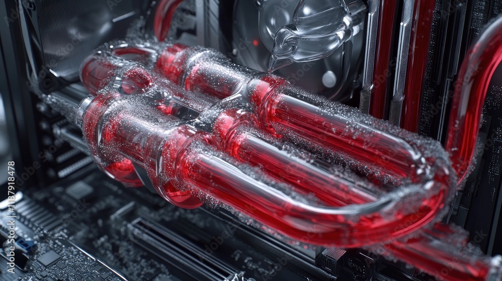 Poster close-up of a cooling system with red liquid in a computer's internal components.