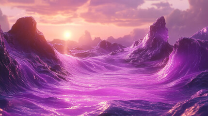 Prompt: A 3D render of a surreal metallic landscape featuring wavy, organic hills made from liquid plasma material. The surface is painted in a vibrant purple neon gradient,