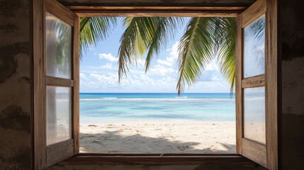 Wood window Beach window view coconut tree Blue sky  ocean view seaside tropical nature landscape scene scenery wallpaper