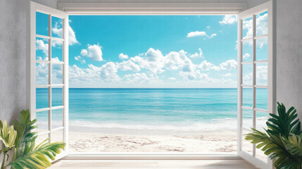 White window Beach window view Blue sky ocean view seaside tropical nature landscape scene scenery wallpaper