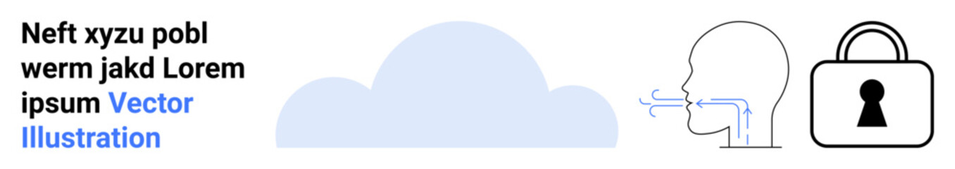Cloud with human head breathing lines and padlock. Ideal for information security, data protection, cloud storage, cybersecurity, secure communication, data privacy, network security. Landing page