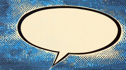 Empty white chat bubble on a background pattern of blue printing dots from real vintage comic book page