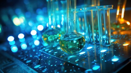 A detailed macro shot of a chemical dropper dispensing a vibrant, fluorescent liquid into a clear 