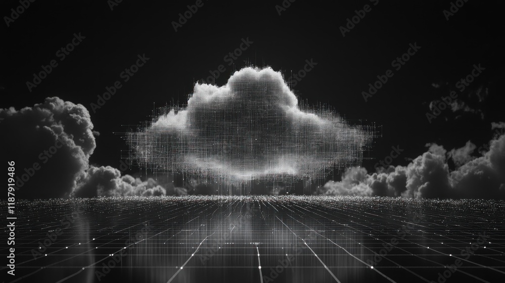Poster digital cloud computing concept; futuristic monochrome cloud data storage in the sky.