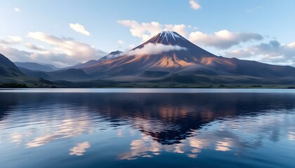 Majestic Volcanic Peak Reflected in Serene Lake: A Tranquil Landscape