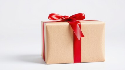 Obraz premium A simple brown gift box tied with a bright red satin ribbon, creating a classic and elegant present.