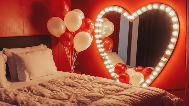 Fototapeta Extravagant bedroom luxury interior with love glamur decoration at Valentine day in studio Balloons by heart shaped and at illuminated mirror romantic cozy atmosphere at vivid red background