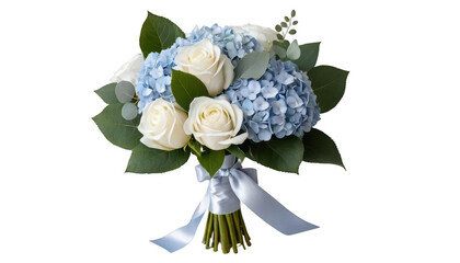A sophisticated bouquet of pale blue hydrangeas, white roses, and sprigs of eucalyptus, tied with a silver silk ribbon, evoking a calm and elegant mood