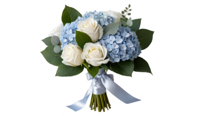 A sophisticated bouquet of pale blue hydrangeas, white roses, and sprigs of eucalyptus, tied with a silver silk ribbon, evoking a calm and elegant mood